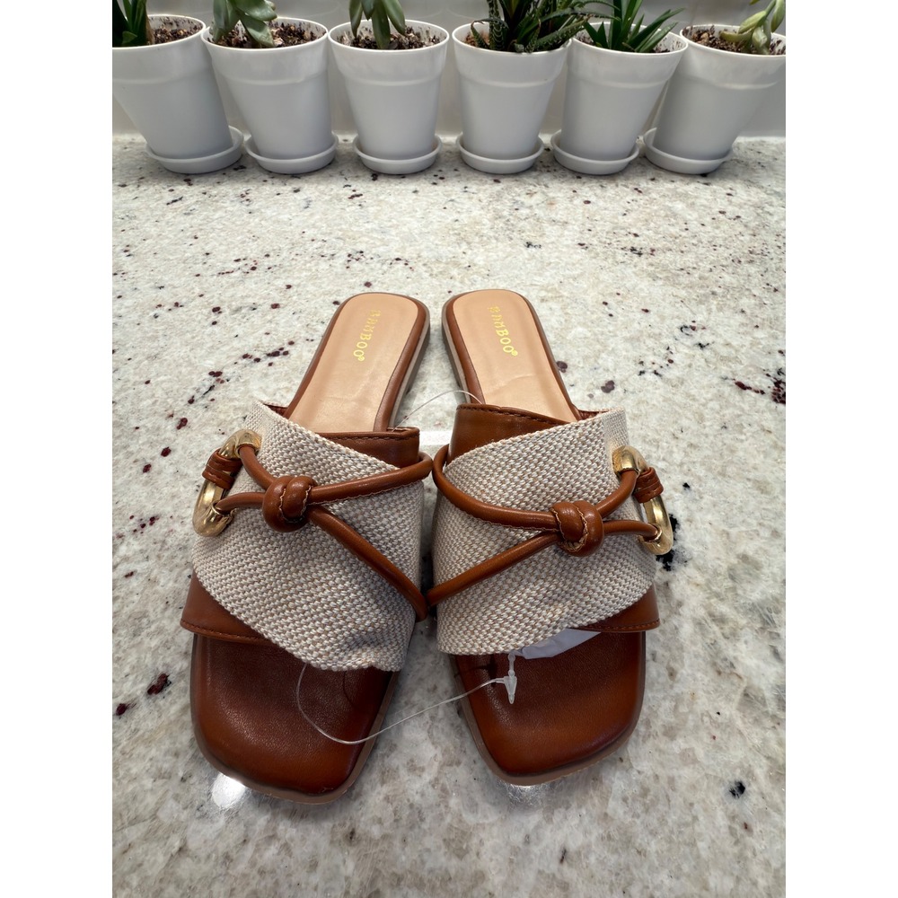 Bamboo Size 7 Tan Woven Slide Sandals Gold Buckle - Picture 2 of 6